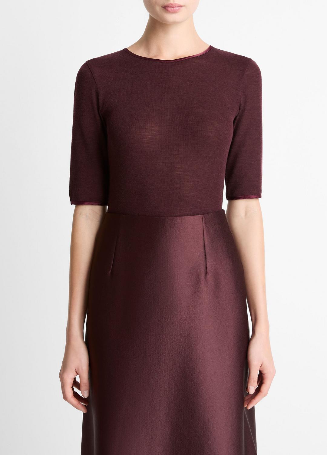 VINCE Satin-Trim Wool Elbow-Sleeve T-Shirt in Short Sleeve