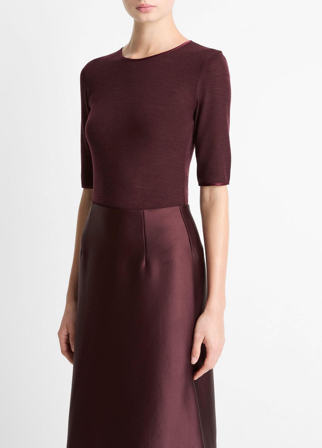 VINCE Satin-Trim Wool Elbow-Sleeve T-Shirt in Short Sleeve