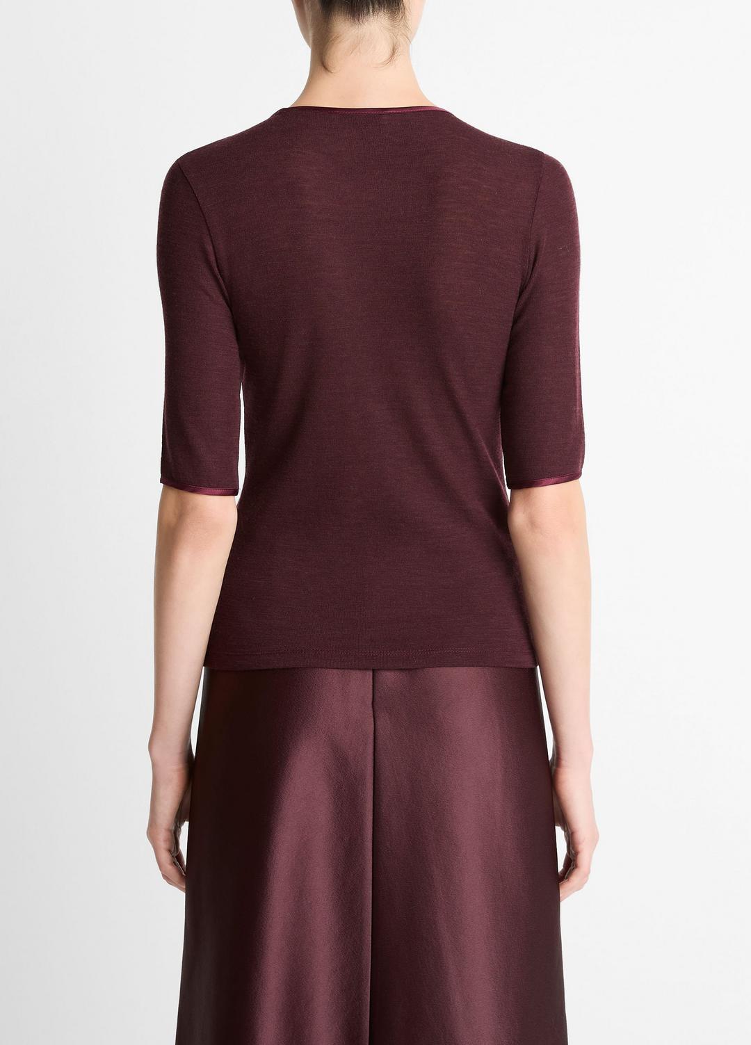 VINCE Satin-Trim Wool Elbow-Sleeve T-Shirt in Short Sleeve