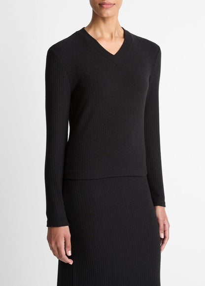 VINCE Cozy Rib High V-Neck Top in Long Sleeve