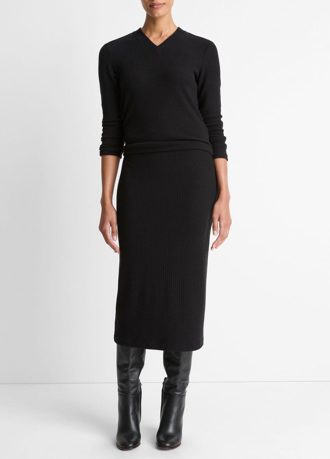 VINCE Cozy Rib High V-Neck Top in Long Sleeve