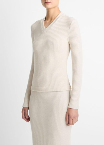 VINCE Cozy Rib High V-Neck Top in Long Sleeve