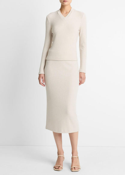 VINCE Cozy Rib High V-Neck Top in Long Sleeve