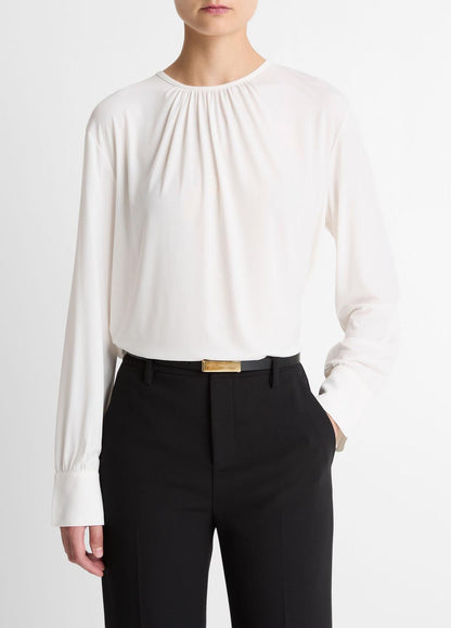 VINCE Matte Jersey Gathered Blouse in Long Sleeve