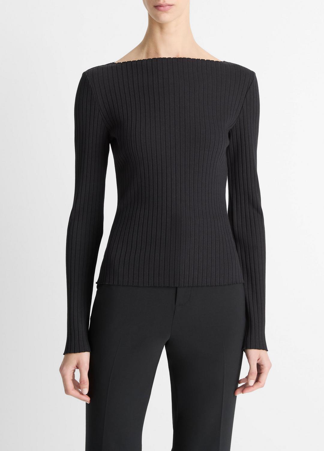 VINCE Ribbed Cotton-Blend Slash-Neck Long-Sleeve Top in Long Sleeve