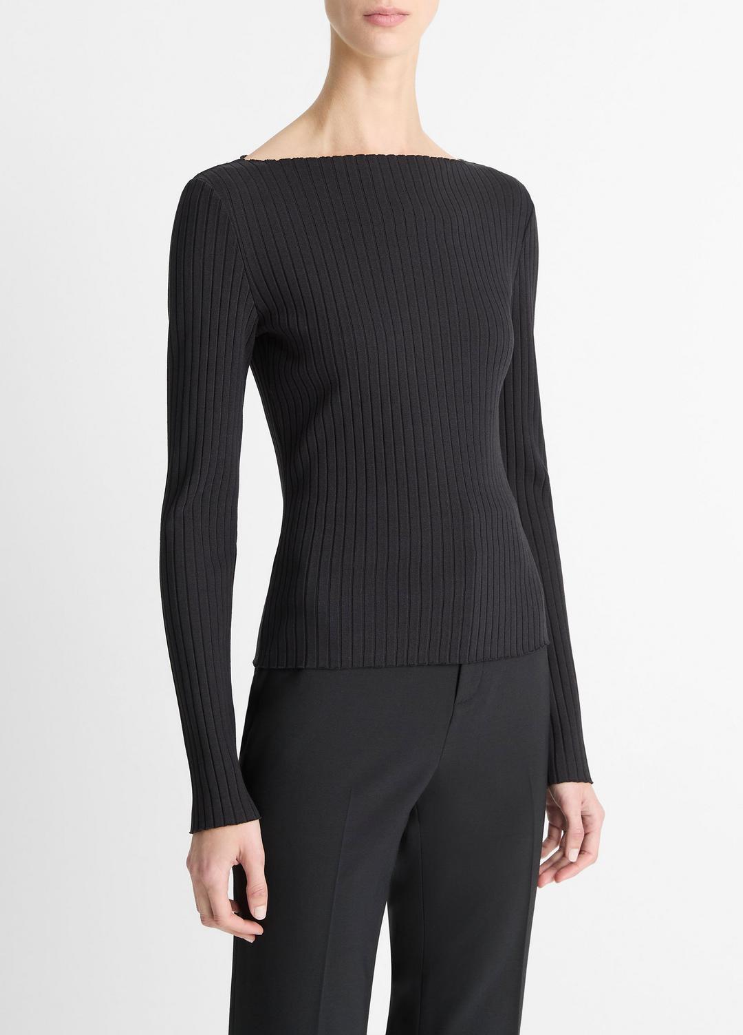 VINCE Ribbed Cotton-Blend Slash-Neck Long-Sleeve Top in Long Sleeve