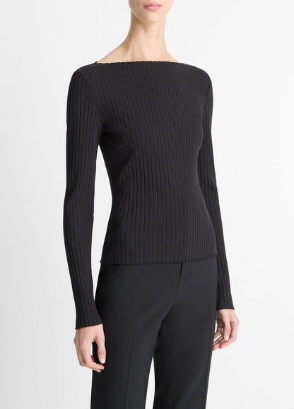 VINCE Ribbed Cotton-Blend Slash-Neck Long-Sleeve Top in Long Sleeve