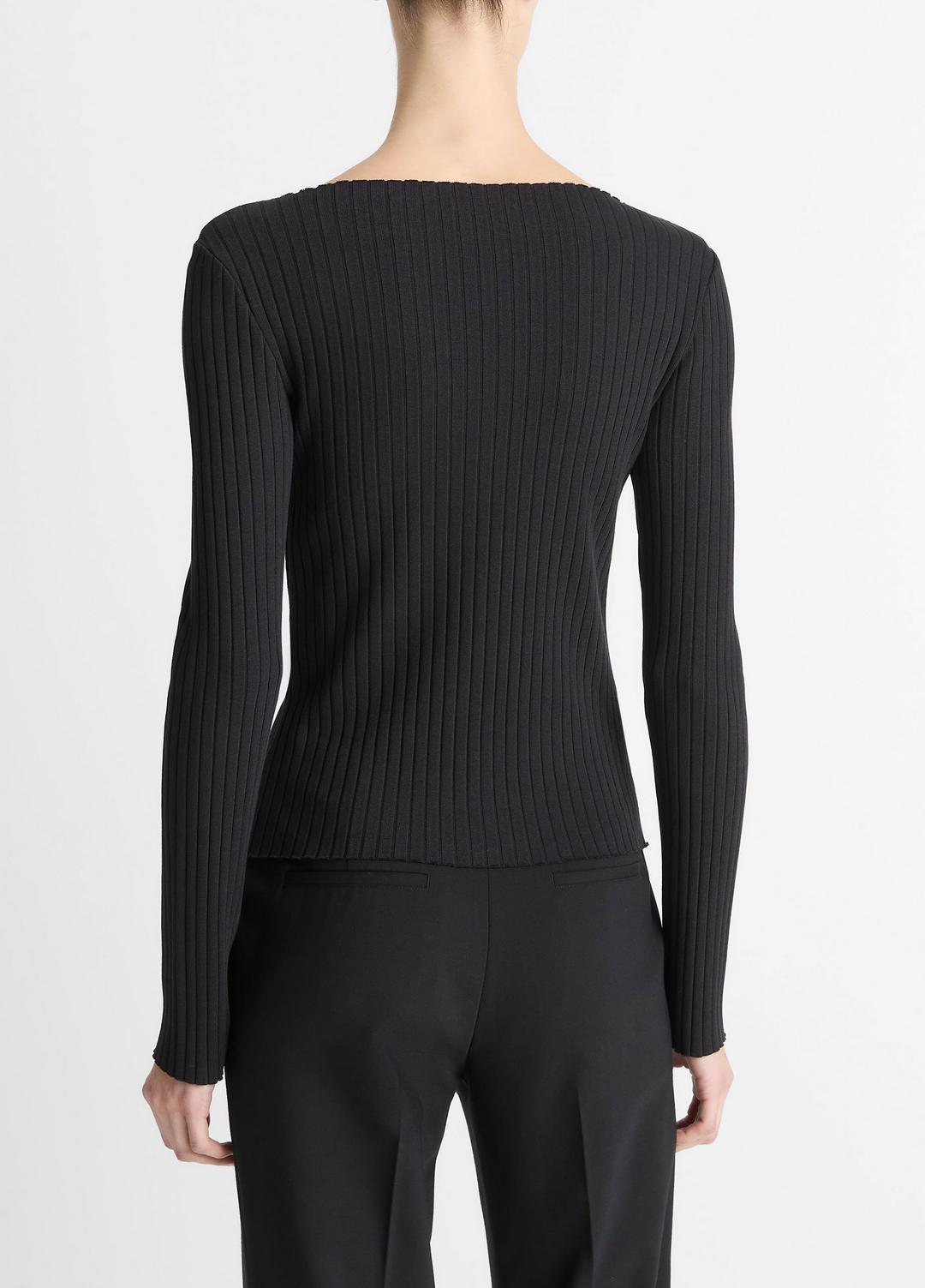 VINCE Ribbed Cotton-Blend Slash-Neck Long-Sleeve Top in Long Sleeve