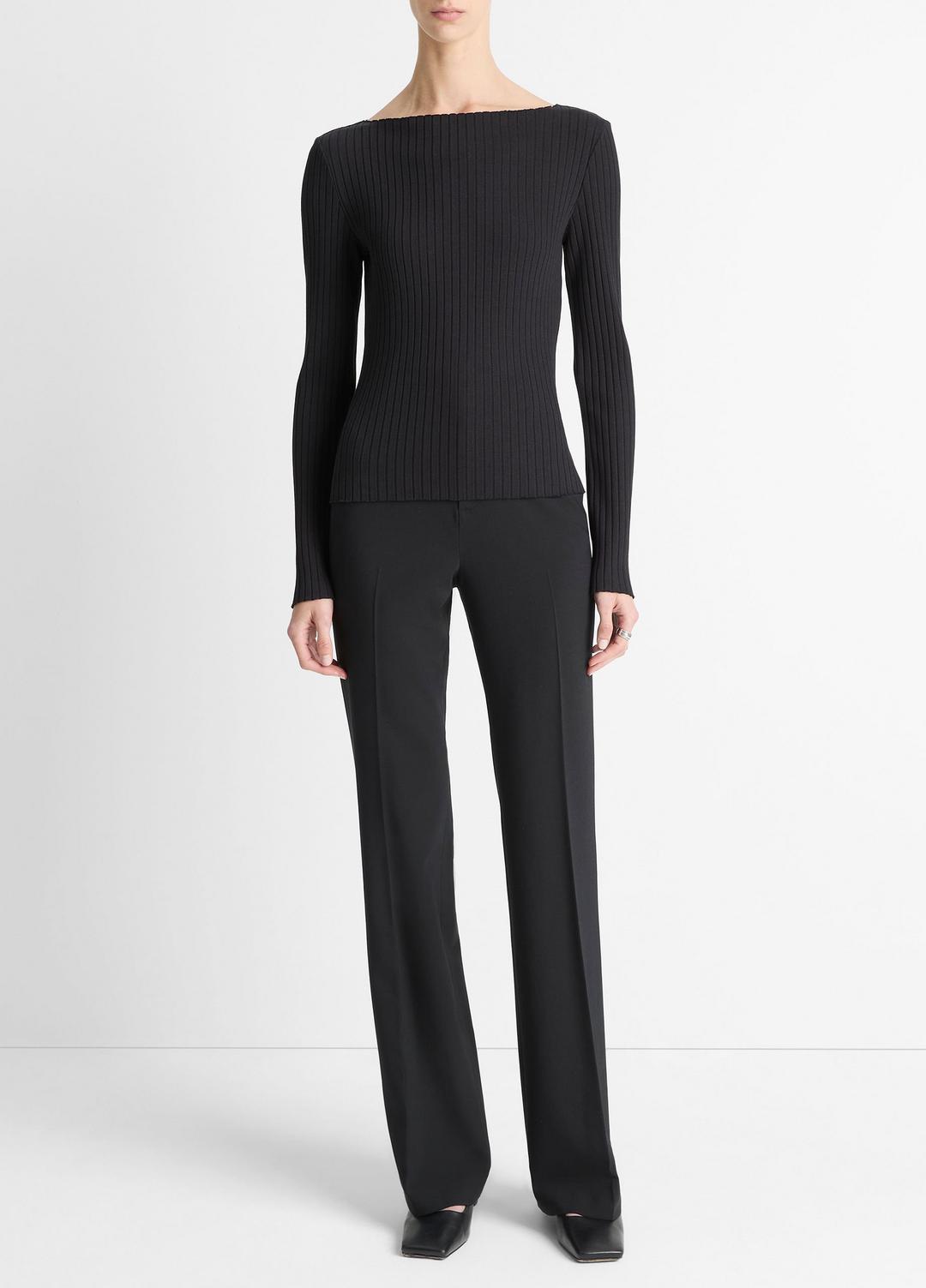 VINCE Ribbed Cotton-Blend Slash-Neck Long-Sleeve Top in Long Sleeve