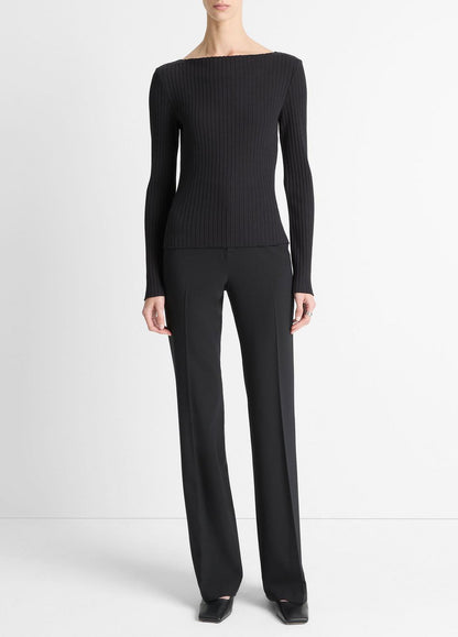 VINCE Ribbed Cotton-Blend Slash-Neck Long-Sleeve Top in Long Sleeve