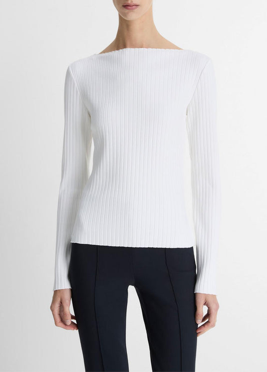 VINCE Ribbed Cotton-Blend Slash-Neck Long-Sleeve Top in Long Sleeve