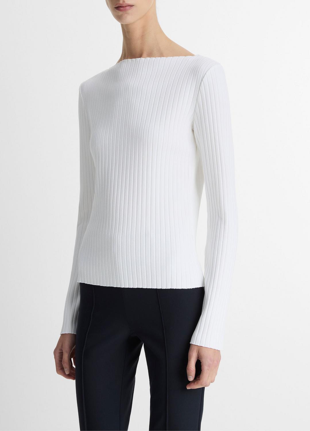 VINCE Ribbed Cotton-Blend Slash-Neck Long-Sleeve Top in Long Sleeve