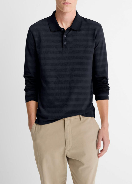 VINCE Jacquard-Stripe Cotton Long-Sleeve Polo Shirt in Long Sleeve