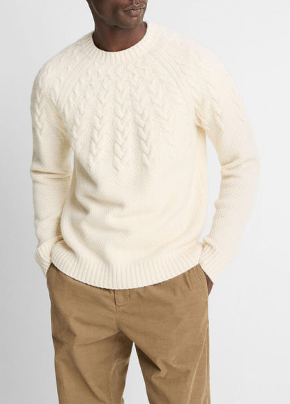 VINCE Airspun Merino Wool Cable-Yoke Sweater in Crew Neck