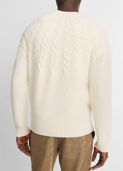 VINCE Airspun Merino Wool Cable-Yoke Sweater in Crew Neck