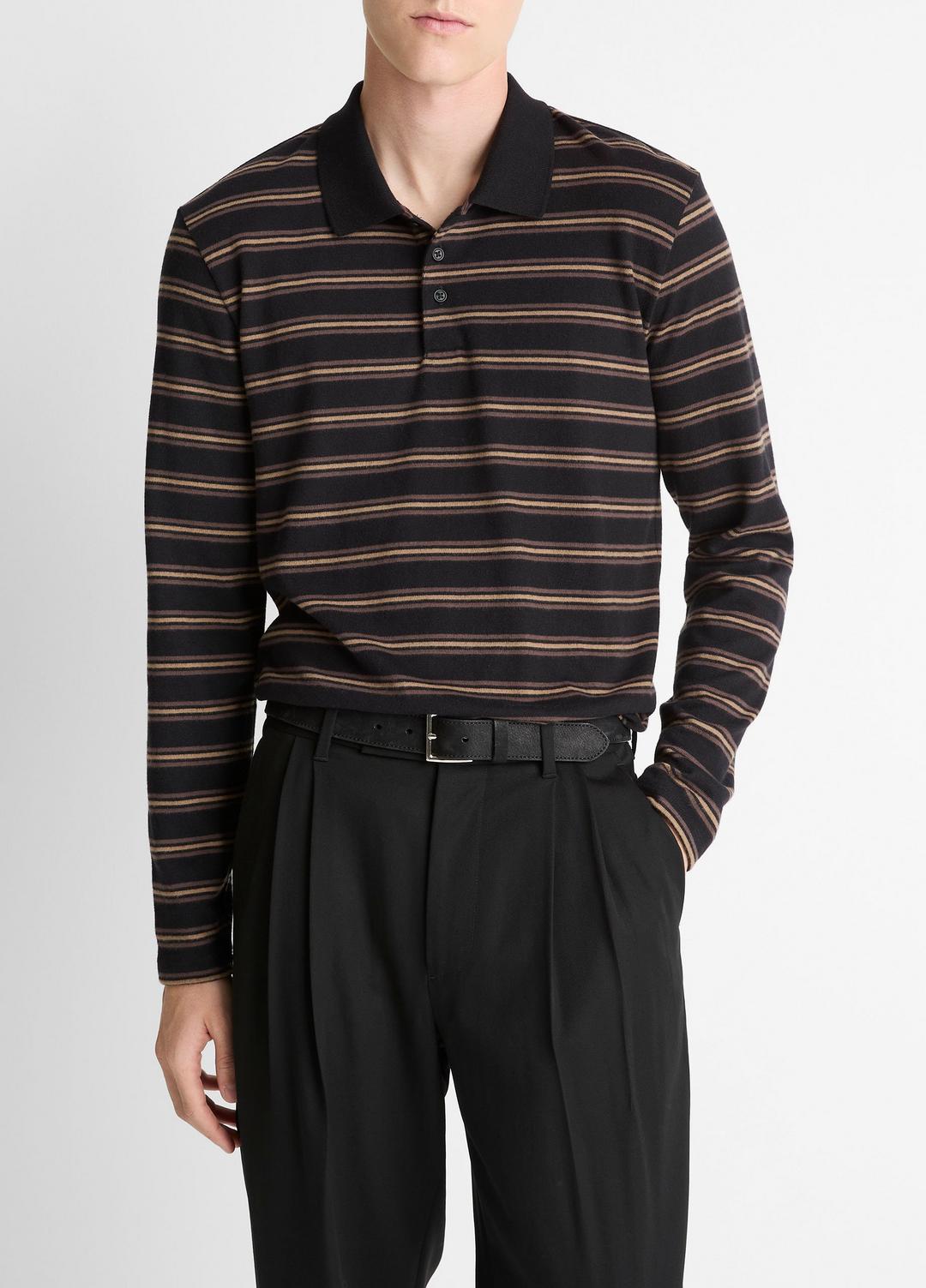 VINCE Striped Cotton-Blend Long-Sleeve Polo Shirt in Henleys & Polos