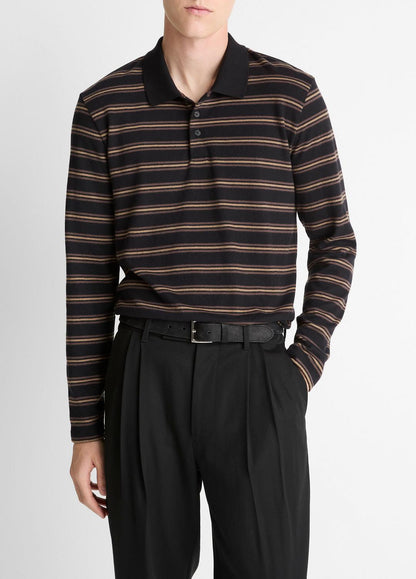 VINCE Striped Cotton-Blend Long-Sleeve Polo Shirt in Henleys & Polos