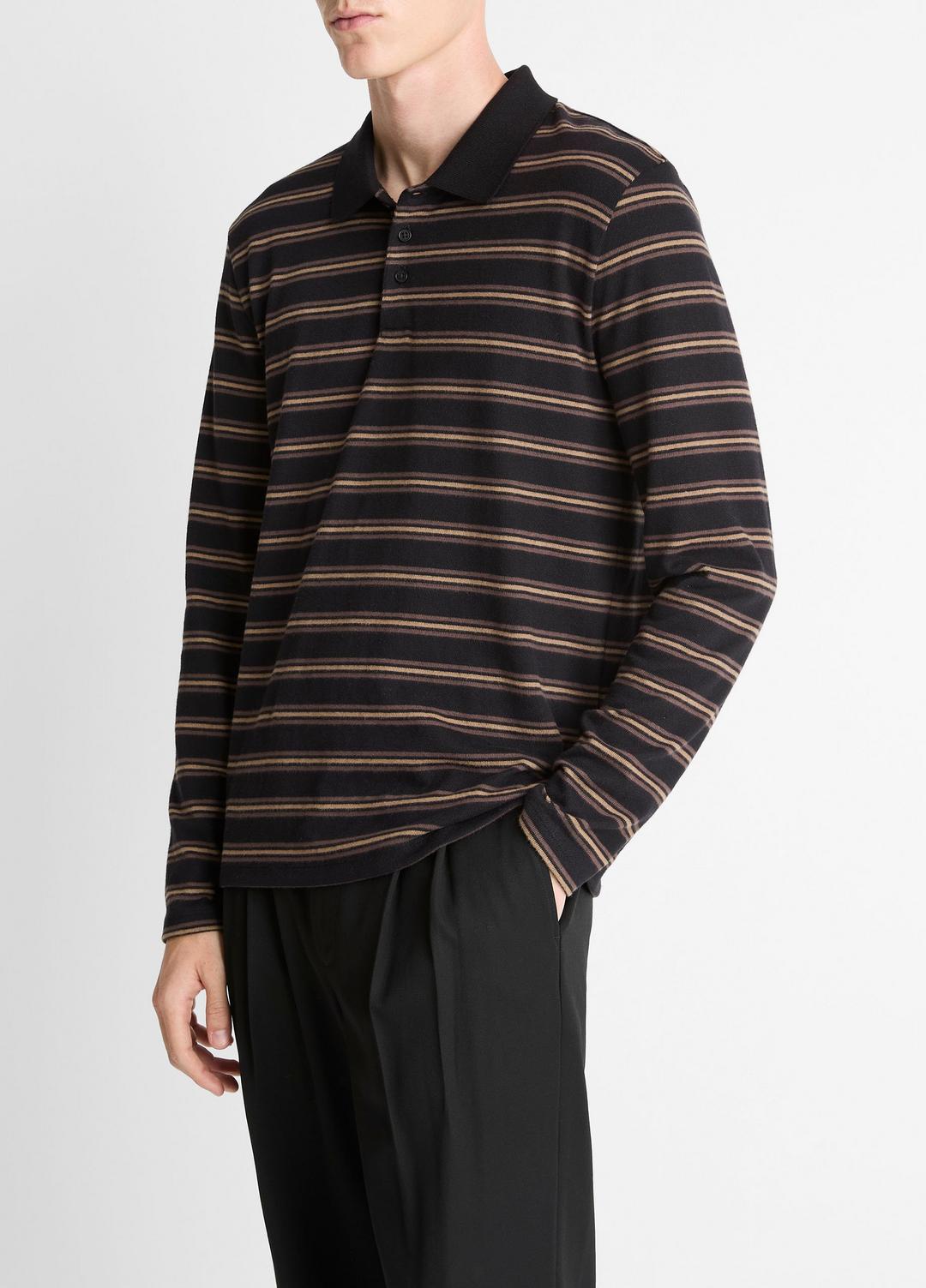 VINCE Striped Cotton-Blend Long-Sleeve Polo Shirt in Henleys & Polos