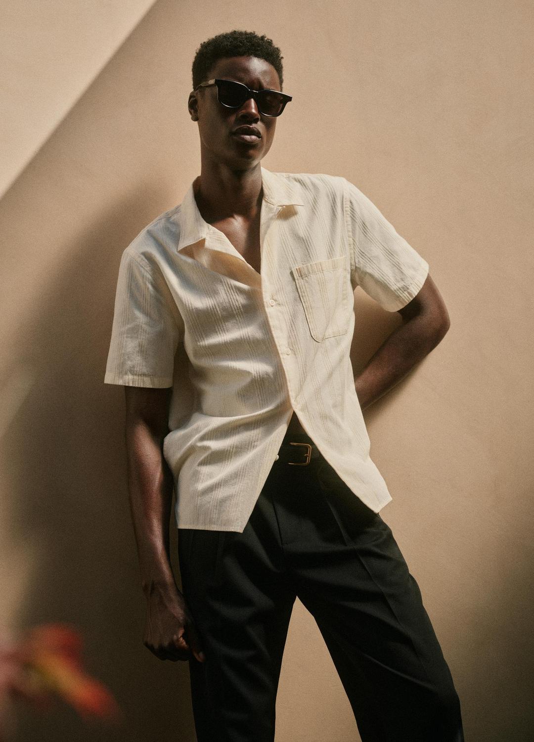 VINCE Union Stripe Cotton Short-Sleeve Loop-Collar Shirt in Short Sleeve