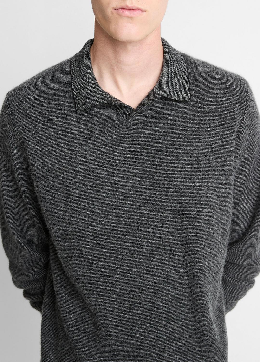 VINCE Feed Stripe Plush Cashmere Johnny-Collar Sweater in Cashmere
