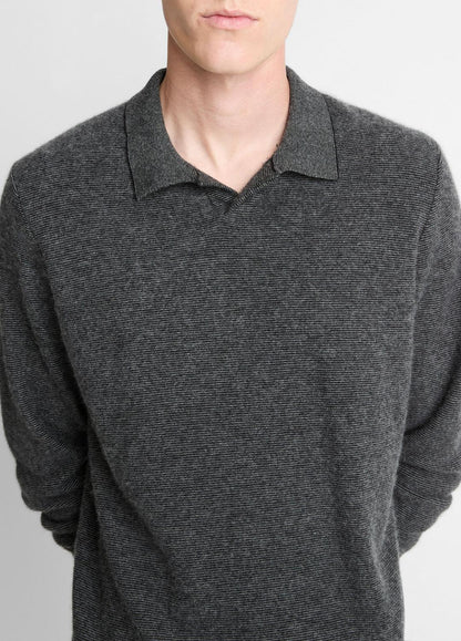 VINCE Feed Stripe Plush Cashmere Johnny-Collar Sweater in Cashmere