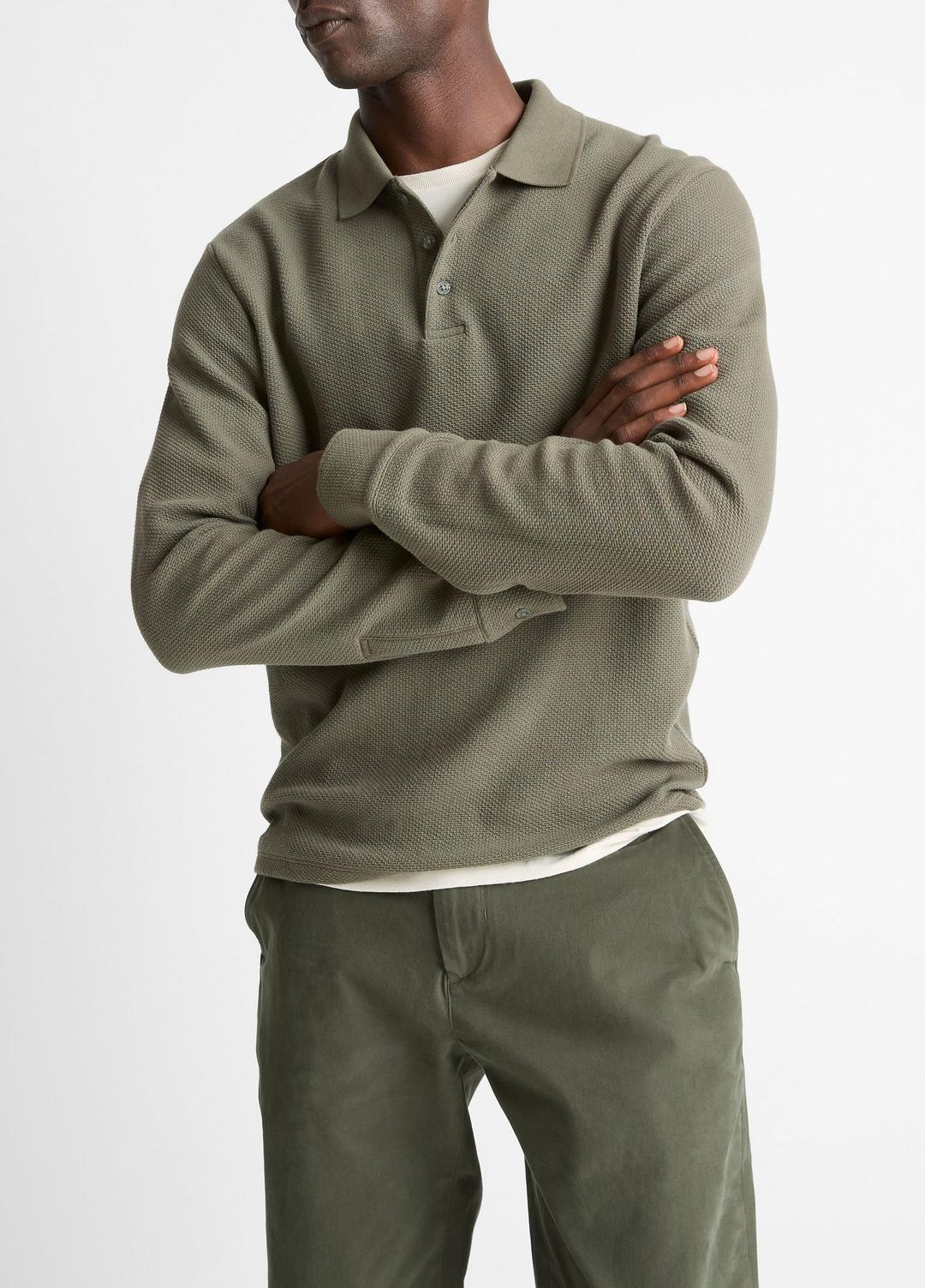 VINCE Basket-Weave Cotton Long-Sleeve Polo Shirt in Henleys & Polos