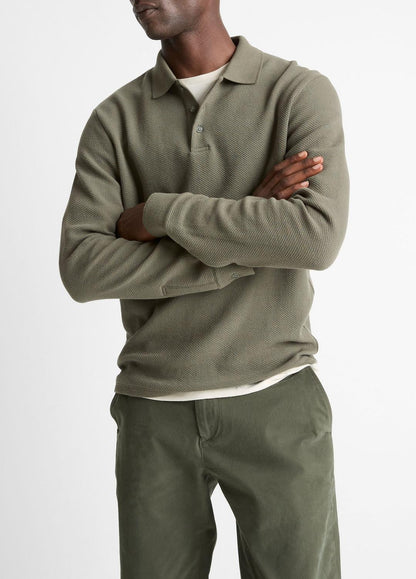 VINCE Basket-Weave Cotton Long-Sleeve Polo Shirt in Henleys & Polos