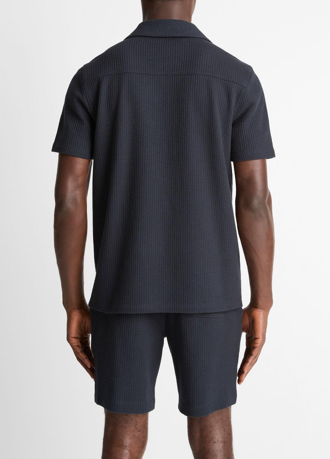 VINCE Seersucker-Knit Stretch-Cotton Short-Sleeve Johnny-Collar Shirt in Short Sleeve