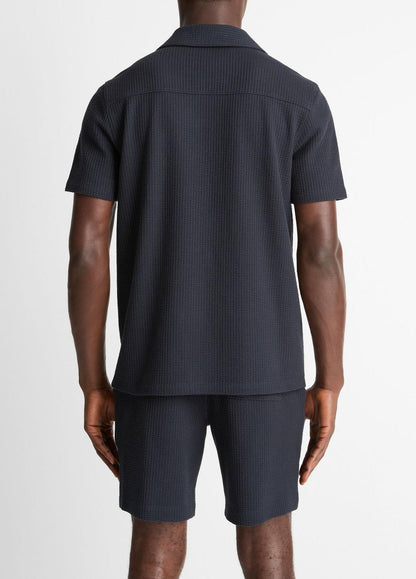 VINCE Seersucker-Knit Stretch-Cotton Short-Sleeve Johnny-Collar Shirt in Short Sleeve