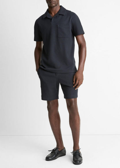 VINCE Seersucker-Knit Stretch-Cotton Short-Sleeve Johnny-Collar Shirt in Short Sleeve