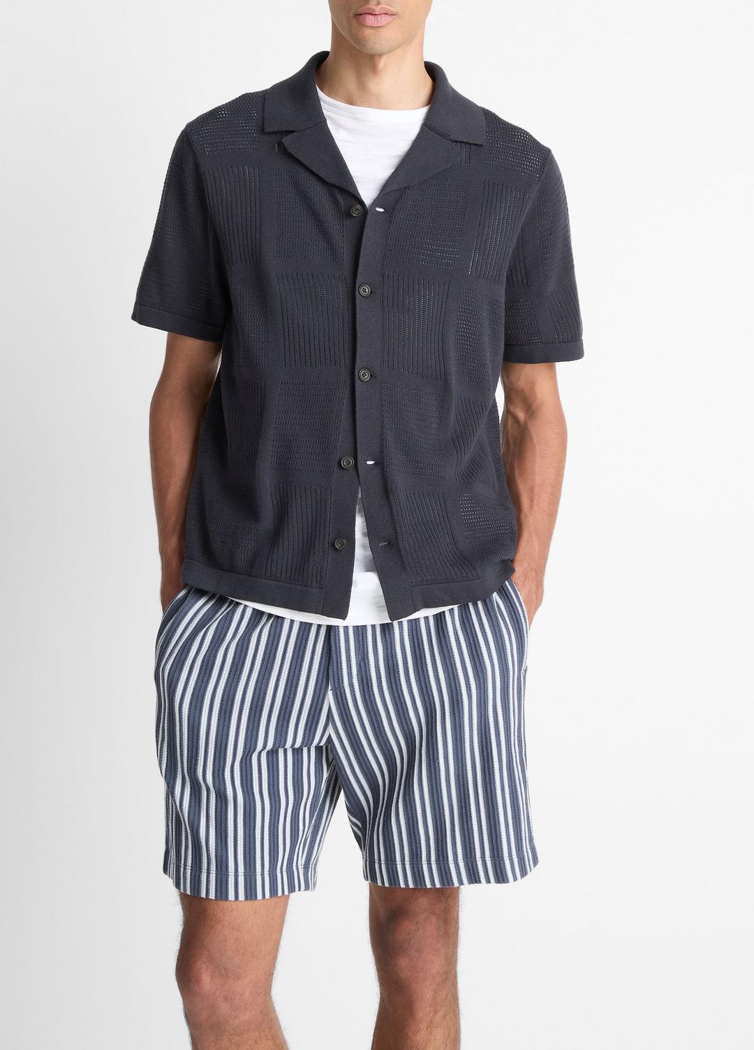 VINCE Patchwork Pointelle Short-Sleeve Shirt in Short Sleeve