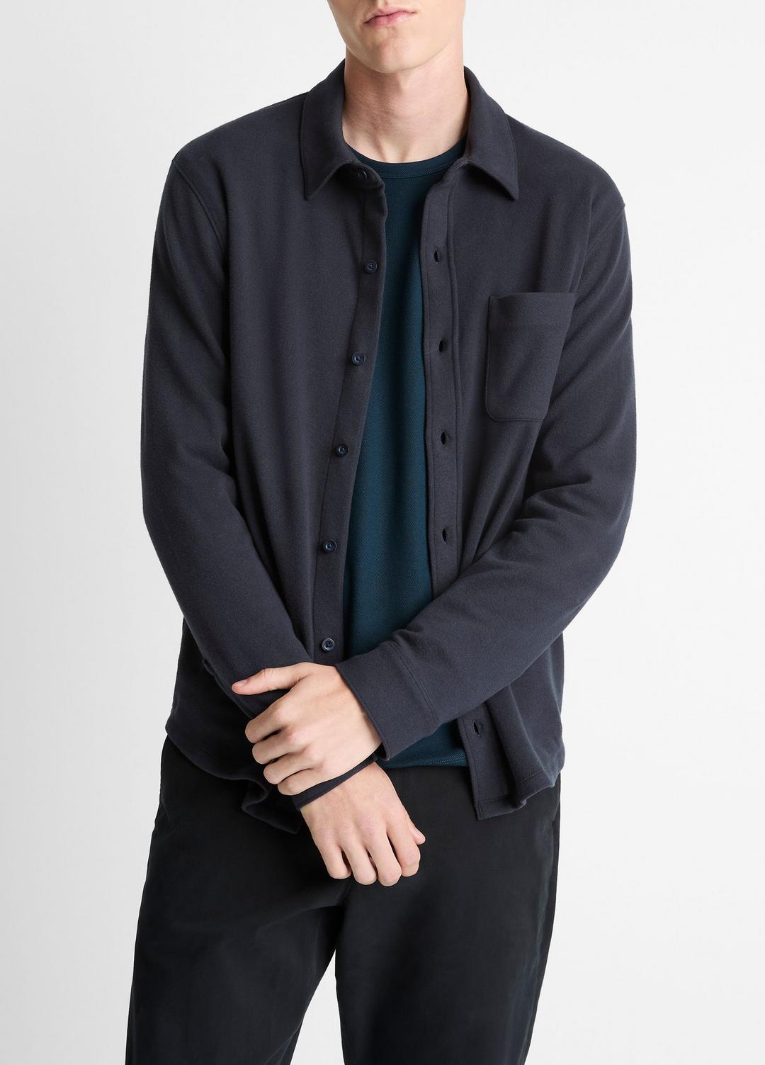 VINCE Knit Cotton-Blend Button-Front Shirt in Long Sleeve