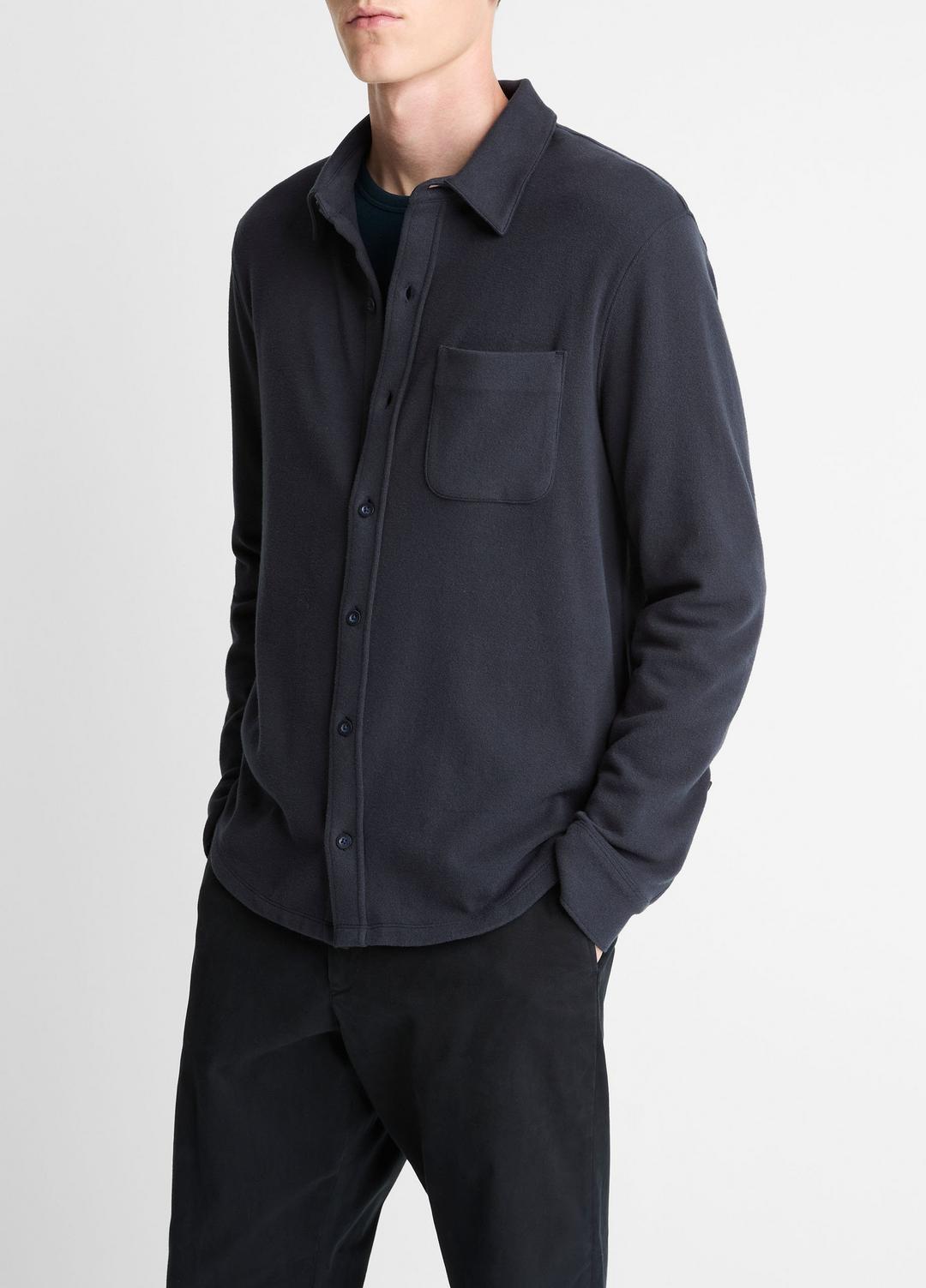 VINCE Knit Cotton-Blend Button-Front Shirt in Long Sleeve