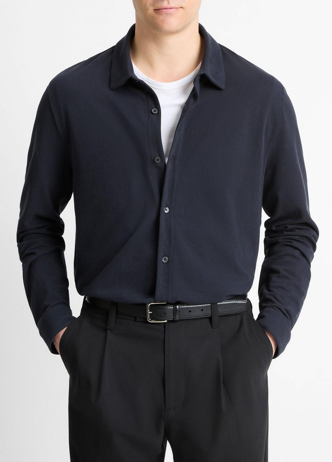 VINCE Cotton Piqué Button-Front Shirt in Long Sleeve