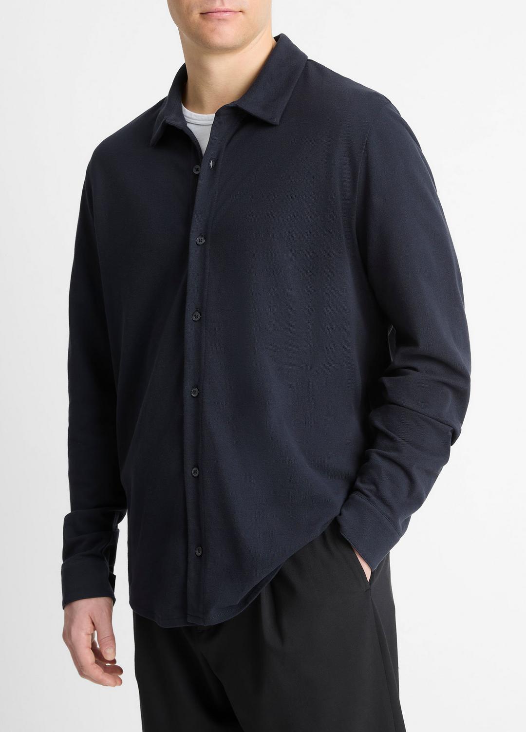 VINCE Cotton Piqué Button-Front Shirt in Long Sleeve