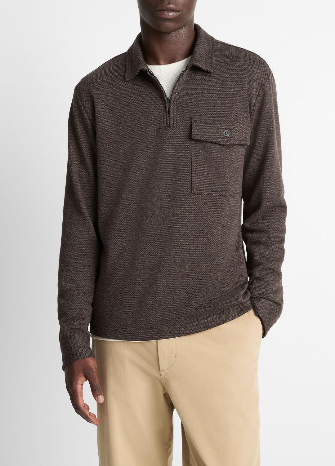 VINCE Herringbone Cotton-Blend Zip Polo Shirt in Henleys & Polos