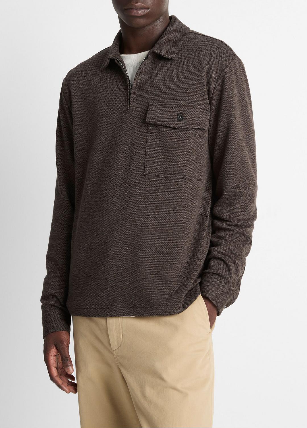 VINCE Herringbone Cotton-Blend Zip Polo Shirt in Henleys & Polos