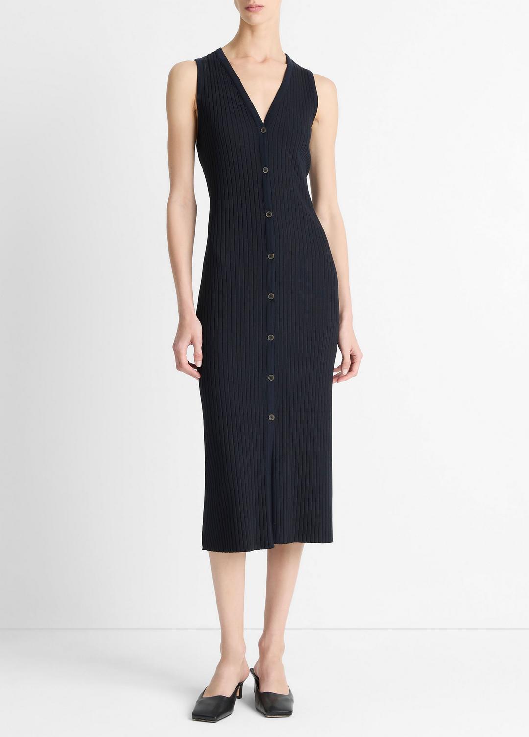 VINCE Ribbed Cotton-Blend Button-Front Dress in Dresses & Skirts