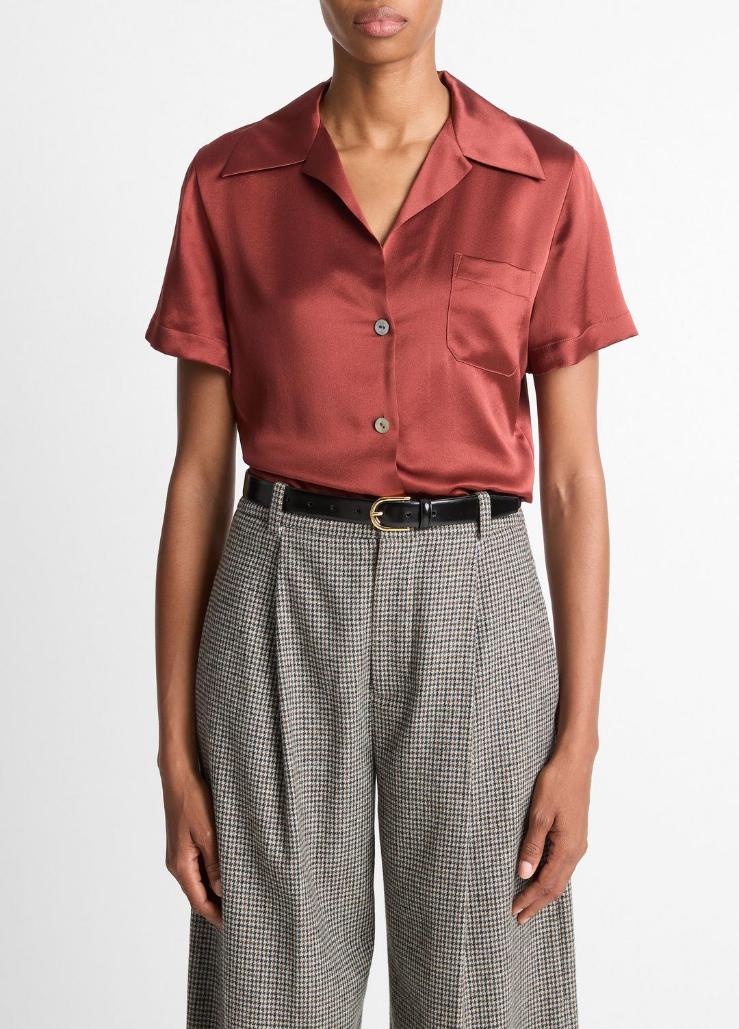 VINCE Silk Short-Sleeve Button-Front Shirt in Shirts & Tees