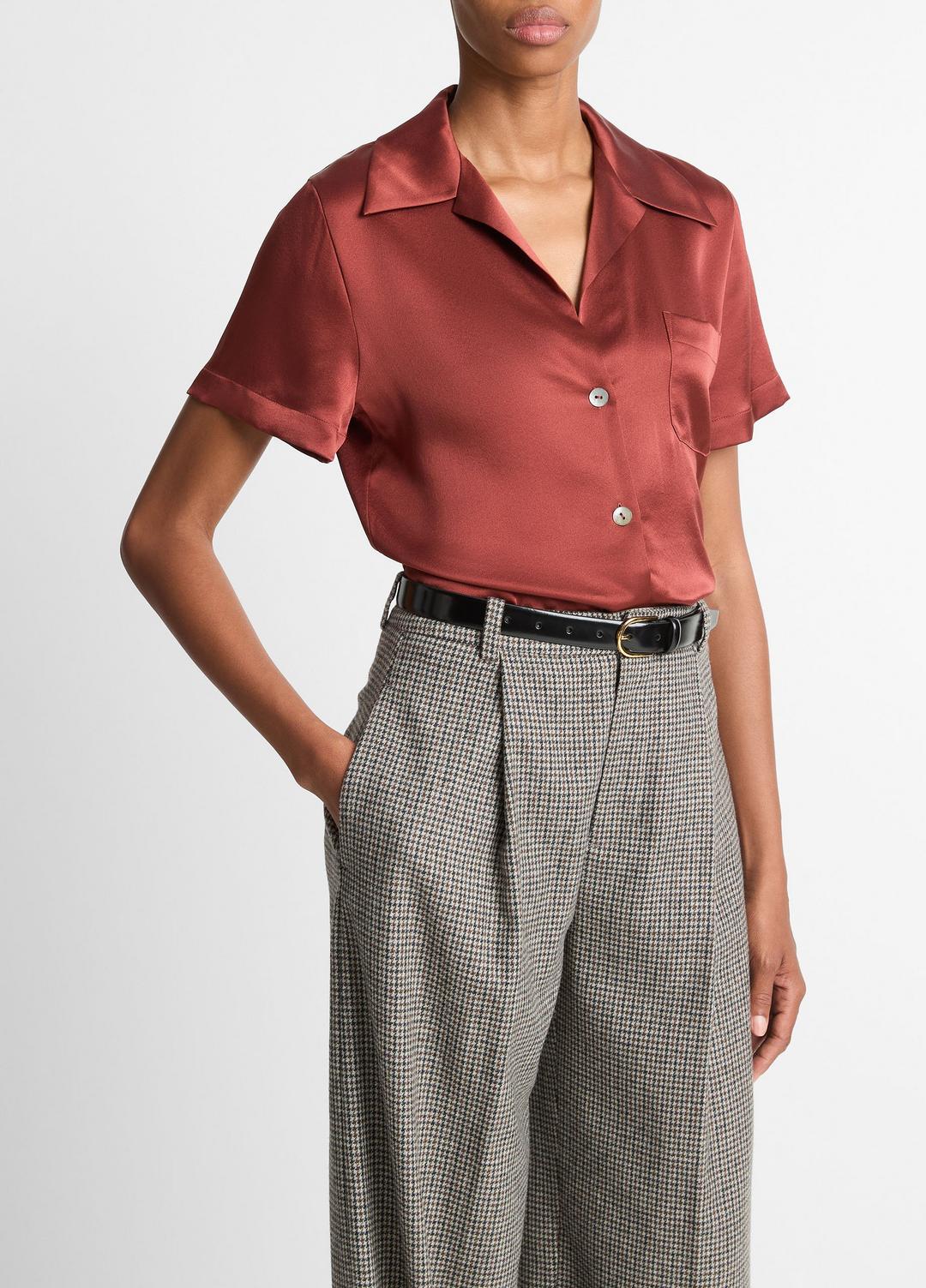 VINCE Silk Short-Sleeve Button-Front Shirt in Shirts & Tees