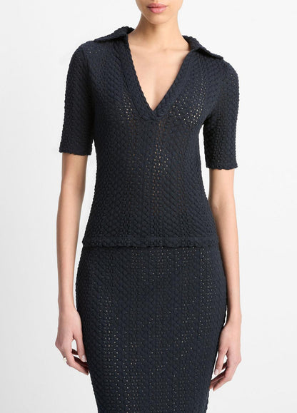 VINCE Textural Cotton Elbow-Sleeve Polo Top in Shirts & Tees