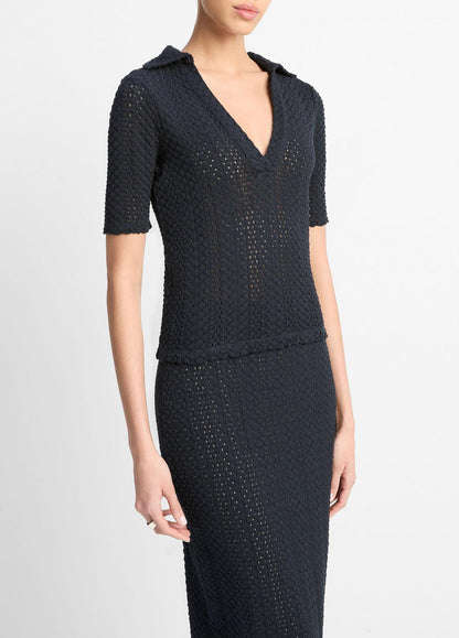 VINCE Textural Cotton Elbow-Sleeve Polo Top in Shirts & Tees