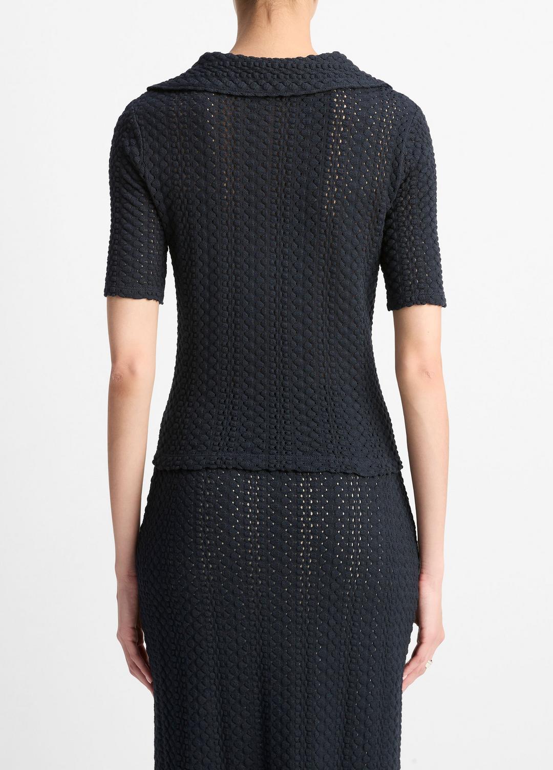 VINCE Textural Cotton Elbow-Sleeve Polo Top in Shirts & Tees