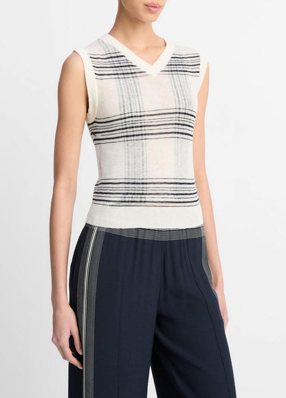 VINCE Featherweight Plaid Wool Sweater Vest in Sweaters