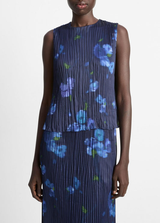 VINCE Poppy Blur Crushed Satin Shell in Shirts & Tees