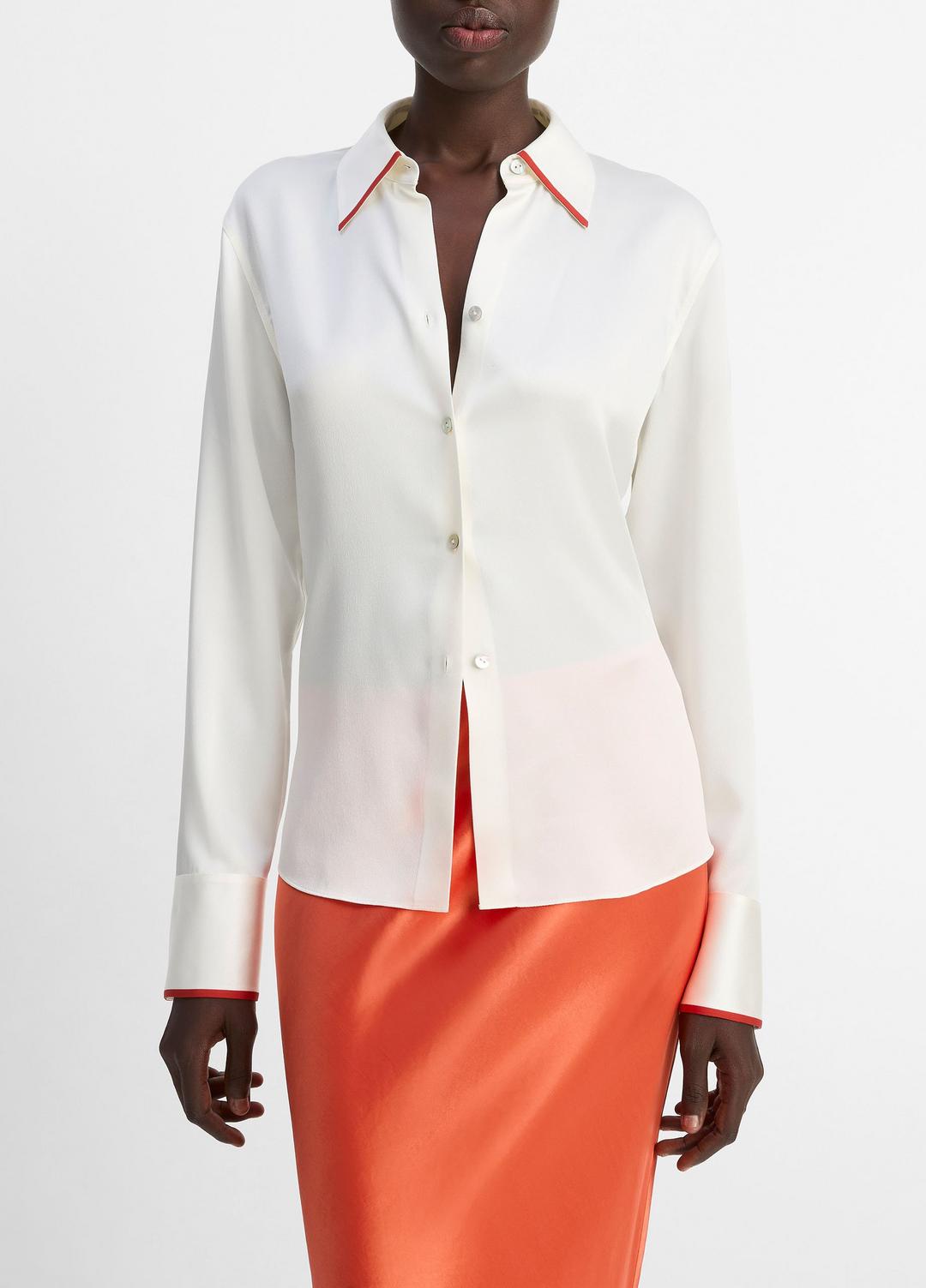 VINCE Tipped Silk Button-Front Blouse in Shirts & Tees