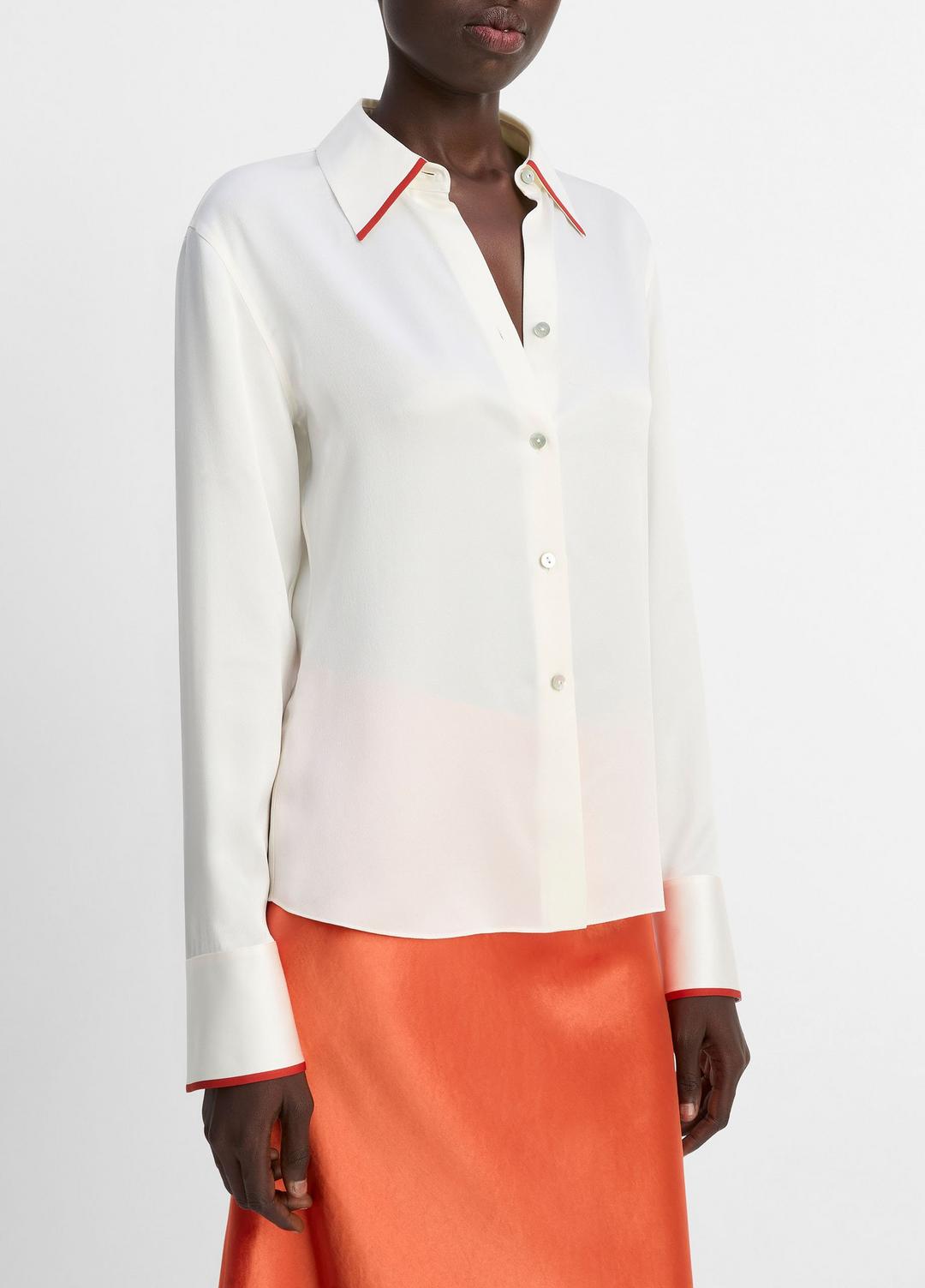 VINCE Tipped Silk Button-Front Blouse in Shirts & Tees