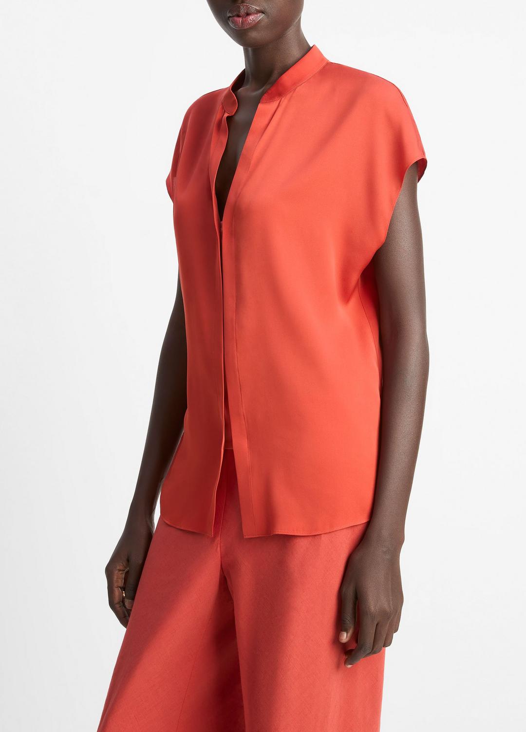 VINCE Contrast-Placket Stretch-Silk Cap-Sleeve Blouse in Shirts & Tees