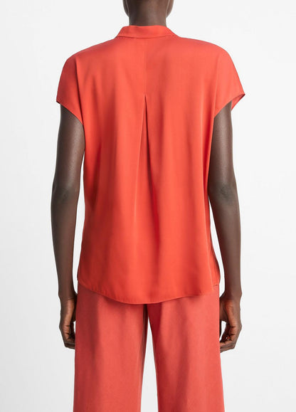 VINCE Contrast-Placket Stretch-Silk Cap-Sleeve Blouse in Shirts & Tees