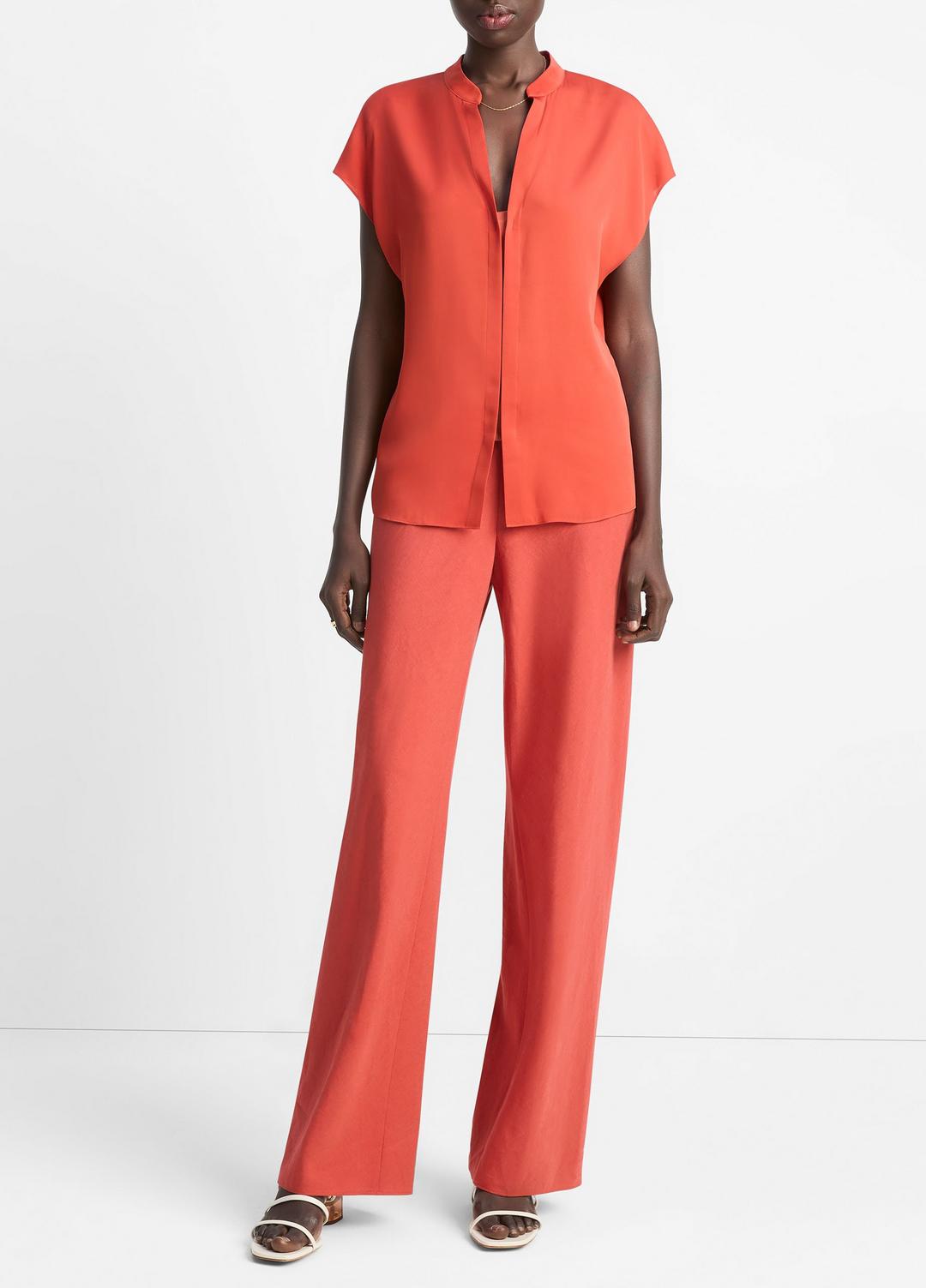 VINCE Contrast-Placket Stretch-Silk Cap-Sleeve Blouse in Shirts & Tees